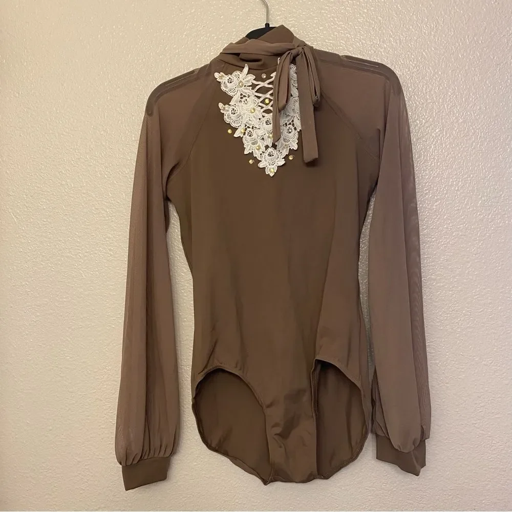 Weissman Balera Dance costume brown poet Long Sleeve Bow Tie Leotard MT11449 SA